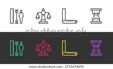 Set line Measuring height body, Scales of justice, Corner ruler and Old hourglass with sand on black and white. Vector