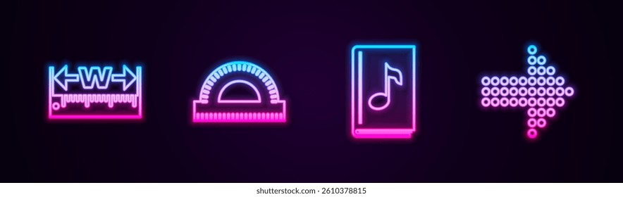 Set line Measuring height and length, Protractor grid, Audio book and Dots arrow. Glowing neon icon. Vector