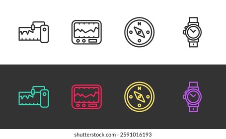 Set line Measuring instrument, , Compass and Wrist watch on black and white. Vector