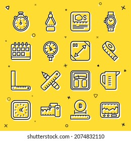 Set line Measuring instrument, cup, tape, Area measurement, Pressure water meter, Calendar, Stopwatch and Diagonal measuring icon. Vector