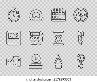 Set line Measuring instrument, Hand scale spring mechanical, Calendar, Diameter, Stopwatch, Multimeter, voltmeter, Drawing compass and Medical thermometer icon. Vector