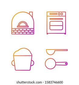 Set line Measuring spoon , Bakery bowl dough , Brick stove  and Oven . Gradient color icons. Vector
