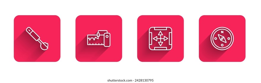 Cuchara de medición, instrumento, medición de área y brújula con sombra larga. Botón cuadrado rojo. Vector