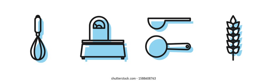 Set line Measuring spoon , Kitchen whisk , Scales  and Cereals with rice, wheat, corn, oats, rye icon. Vector