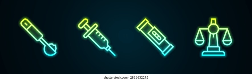 Set line Measuring spoon, Syringe, Construction bubble level and Scales of justice. Glowing neon icon. Vector