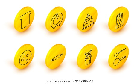 Set Line Measuring Spoon, Windmill, Rolling Pin, Cookie Or Biscuit With Chocolate, Grater, Cake, Kitchen Timer And Bread Toast Icon. Vector