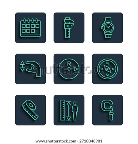 Set line Measuring tape, height body, Micrometer, Wrist watch, Radius, Approximate measurements, Calendar and Compass icon. Vector