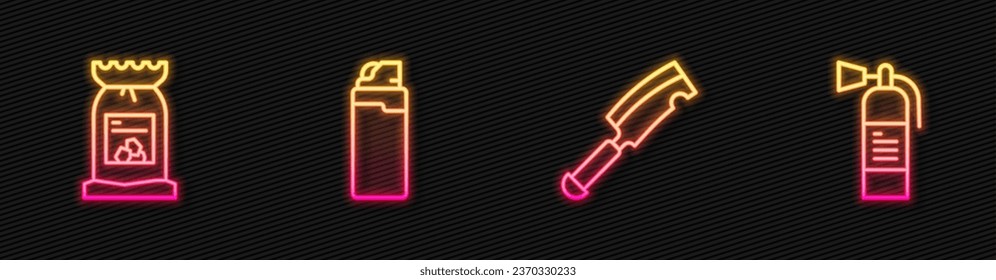 Set line Meat chopper, Barbecue coal bag, Lighter and Fire extinguisher. Glowing neon icon. Vector