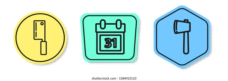 Set line Meat chopper , Calendar with Halloween date 31 october  and Wooden axe . Colored shapes. Vector