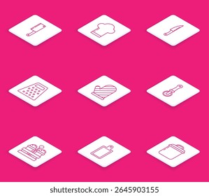 Set line Meat chopper, Chef hat, Knife, Grater, Oven glove, Pizza knife, Salt and pepper and Cutting board icon. Vector