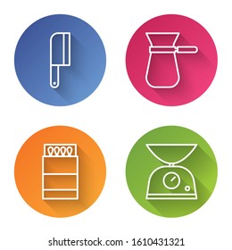 Set line Meat chopper, Coffee turk, Open matchbox and matches and Scales. Color circle button. Vector