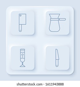 Set line Meat chopper, Coffee turk, Blender and Knife. White square button. Vector