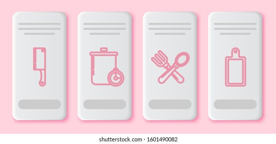 Set line Meat chopper , Cooking pot and kitchen timer , Crossed fork and spoon  and Cutting board . White rectangle button. Vector