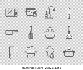 Set line Meat chopper, Cooking pot, Water tap, Rolling pin on dough, Microwave oven, Barbecue spatula, Chef hat and  icon. Vector