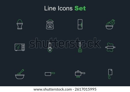 Set line Meat chopper, Cooking pot on fire, Frying pan, whisk with bowl, Rolling pin dough, Spatula, Pizza knife and Microwave oven icon. Vector