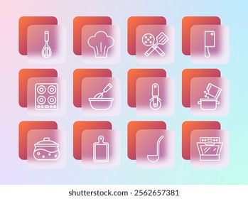 Set line Meat chopper, Cutting board, Pizza knife, Kitchen ladle, Cooking whisk with bowl, Spatula,  and Chef hat icon. Vector