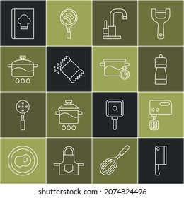 Set line Meat chopper, Electric mixer, Pepper, Water tap, Packet of pepper, Cooking pot, Cookbook and  icon. Vector