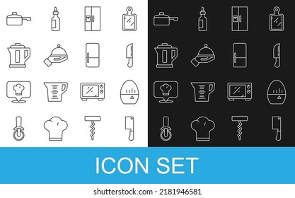 Set line Meat chopper, Kitchen timer, Knife, Refrigerator, Covered with tray, Electric kettle, Frying pan and  icon. Vector
