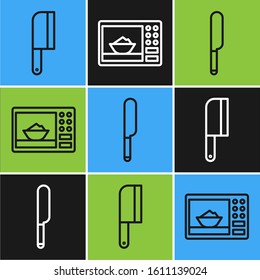 Set line Meat chopper, Knife and Microwave oven icon. Vector