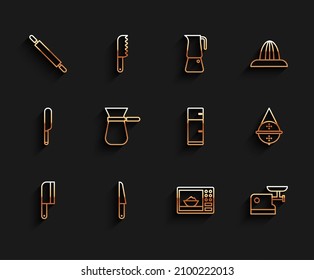 Set line Meat chopper, Knife, Rolling pin, Microwave oven, Kitchen meat grinder, Coffee turk, Ball tea strainer and Refrigerator icon. Vector