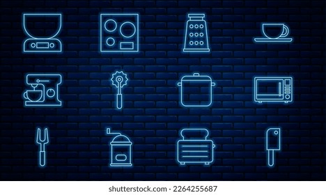 Set line Meat chopper, Microwave oven, Grater, Pizza knife, Electric mixer, Electronic scales, Cooking pot and stove icon. Vector