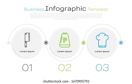 Set line Meat chopper, Pepper and Chef hat. Business infographic template. Vector