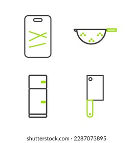 Fija la línea Chopper de carne, refrigerador, colador de cocina e icono de tabla de corte. Vector