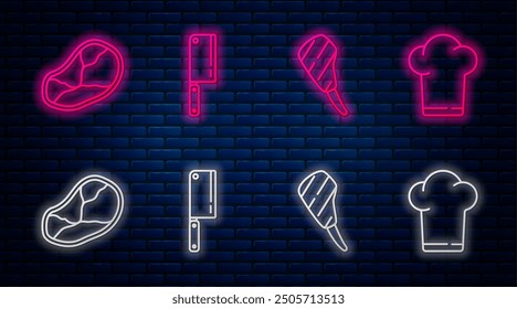 Set line Picador de carne, bistec de ojo de costilla, carne de bistec y sombrero de chef. Icono de neón brillante en la pared de ladrillo. Vector