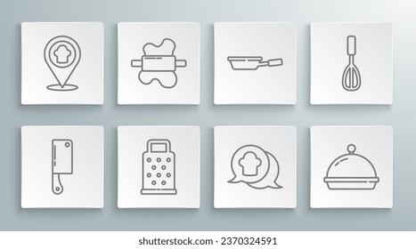 Set line Meat chopper, Rolling pin on dough, Grater, Chef hat speech bubble, Covered with tray of food, Frying pan, Kitchen whisk and location icon. Vector