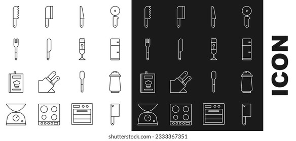 Fijar línea Chopper de carne, Sal y pimienta, Refrigerador, Cuchilla, Horquilla, Cuchillo de pan e ícono de Blender. Vector