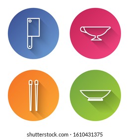 Set line Meat chopper, Sauce boat, Food chopsticks and Bowl. Color circle button. Vector