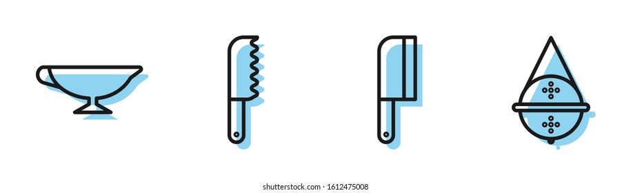 Set line Meat chopper, Sauce boat, Bread knife and Ball tea strainer icon. Vector