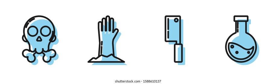 Set line Meat chopper , Skull on crossbones , Zombie hand  and Bottle with potion  icon. Vector