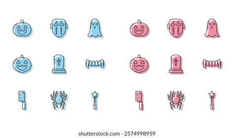Set line Meat chopper, Spider, Pumpkin, Magic wand, Tombstone with cross, Vampire teeth,  and Hockey mask icon. Vector