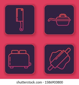 Set line Meat chopper , Toaster with toasts , Frying pan  and Rolling pin . Blue square button. Vector