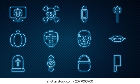 Set line Meat chopper, Vampire teeth, Candy, Hockey mask, Pumpkin, Skull and on crossbones icon. Vector
