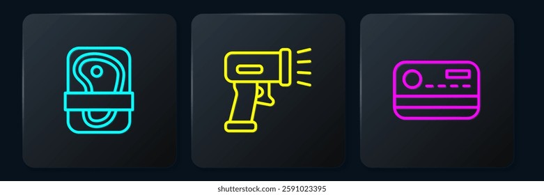 Set line Meat packaging steak, Credit card and Scanner scanning bar code. Black square button. Vector