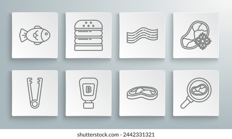 Set line Meat tongs, Burger, Sauce bottle, Steak meat, in frying pan, Bacon stripe, Fresh frozen steak and Fish icon. Vector