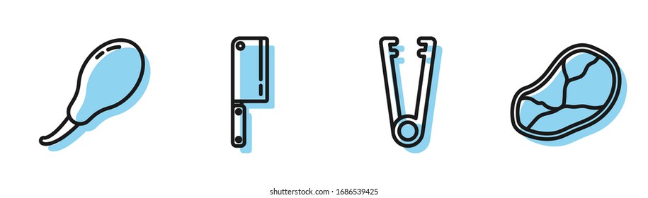 Set Line Meat Tongs, Chicken Leg, Meat Chopper And Steak Meat Icon. Vector