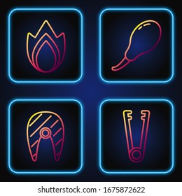 Set line Meat tongs, Fish steak, Fire flame and Chicken leg. Gradient color icons. Vector