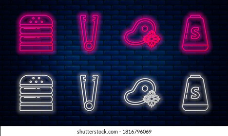 Set line Meat tongs, Fresh frozen steak meat, Burger and Salt. Glowing neon icon on brick wall. Vector