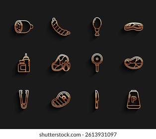 Set line Meat tongs, Steak meat, Salami sausage, Knife, Pepper, Grilled steak and fire flame,  and Frying pan icon. Vector