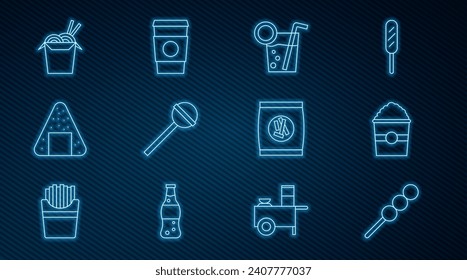 Set line Meatballs on wooden stick, Popcorn in box, Cocktail, Lollipop, Onigiri, Asian noodles and chopsticks, Hard bread chucks crackers and Coffee cup to go icon. Vector