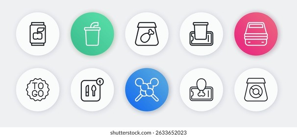 Set line Meatballs on wooden stick, Lunch box, Coffee cup to go, Food ordering mobile, Online meal, food and  icon. Vector