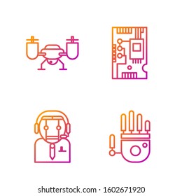 Set line Mechanical robot hand, Worker robot, Drone flying with action camera and Electronic computer components motherboard digital chip. Gradient color icons. Vector