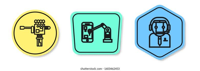 Set line Mechanical robot hand and screwdriver, Industrial machine robotic robot arm hand and Worker robot. Colored shapes. Vector