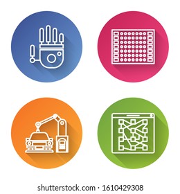 Set line Mechanical robot hand, Printed circuit board PCB, Industrial machine robotic robot arm hand and Global technology or social network. Color circle button. Vector