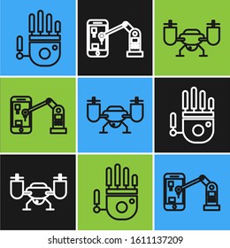 Set line Mechanical robot hand, Drone flying with action camera and Industrial machine robotic robot arm hand icon. Vector