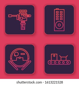 Set line Mechanical robot hand and screwdriver, Robot vacuum cleaner, Remote control and Conveyor belt with cardboard box. Blue square button. Vector