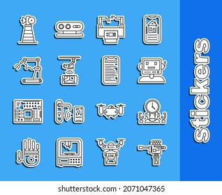 Set line Mechanical robot hand and screwdriver, Assembly line, Wireless Controlling CCTV security camera, Industrial machine robotic arm factory, Antenna and Computer api interface icon. Vector